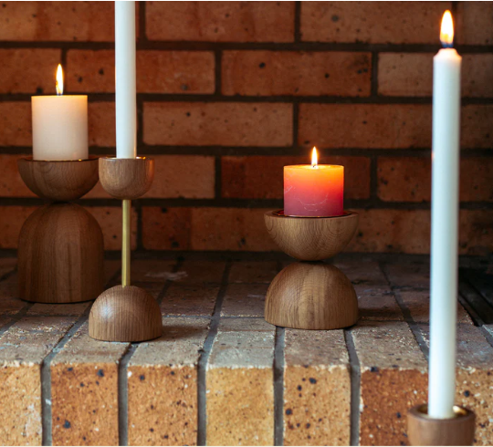 Aarikka Duo candlestick, oak and gold, 17.5cm